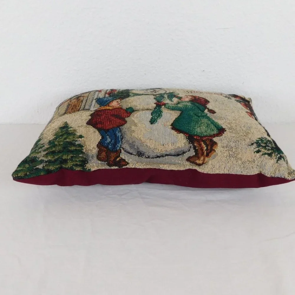 Christmas Tapestry Throw Pillow Snowman Kids Holiday Dr. Sled 15.5x11.5 Burgundy